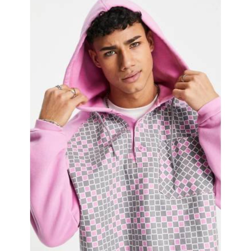 Levi's Hoodie Pullover Checkered Print Pink Gray Long Sleeve Menswear Casual - Picture 3 of 10